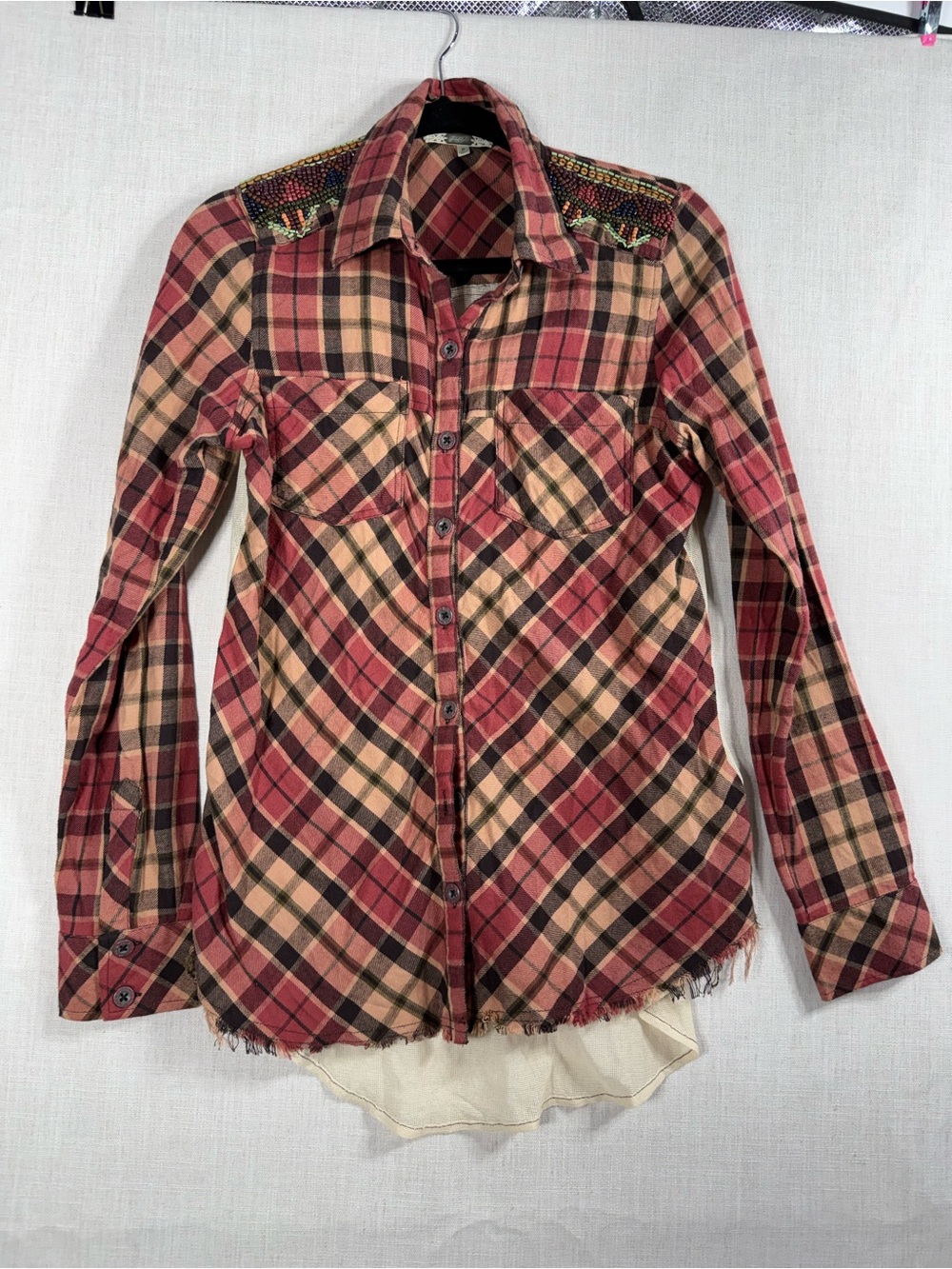 gimmicks by BKE Red and Tan Plaid Button-Down Shirt with Embellished Shoulders